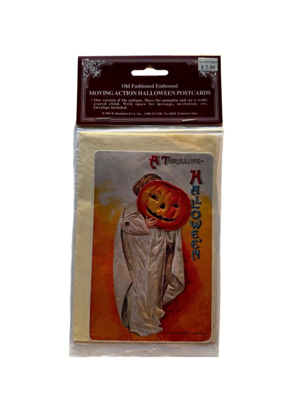 Old Fashioned Embossed Moving Action Halloween Postcard Pumpkin Mask & Envelope
